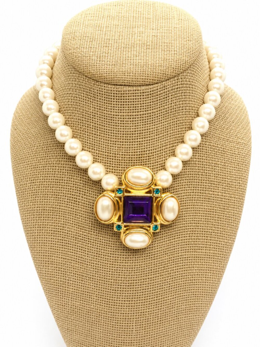 VINTAGE TRIFARI NECKLACE Faux Pearl Maltese Cross Purple Glass Pendant Gold Tone